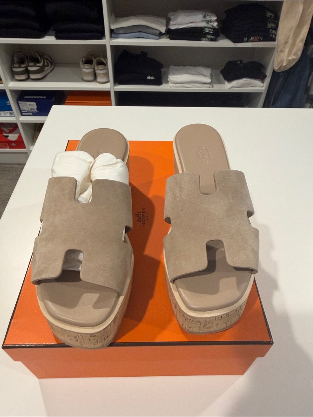 Hermes Beige Suede H-Cut Platform Slide Sandals